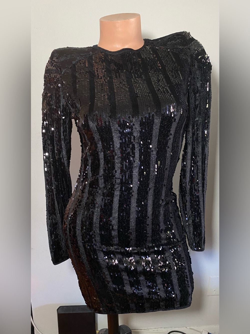 Fashion Nova Black Sequin Long-Sleeve Bodycon Mini Dress Size S